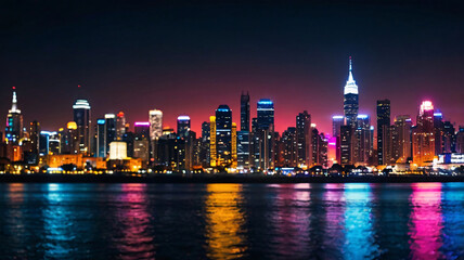 lights of the night city reflected in the water surface