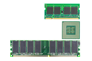 CPU and RAM isolated on a white background. CPU and RAM for a laptop. Set of RAM and processor.