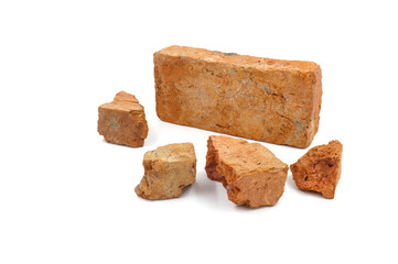 Solid clay bricks used for construction,Old red brick isolated on white background. Shattered bricks isolated.