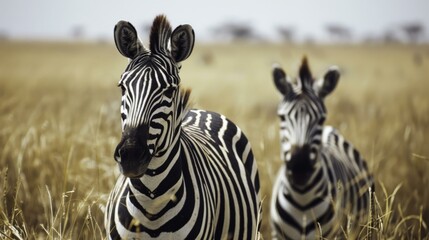 Fototapeta premium Zebras in the african savanna. Two zebras stand in tall grass on the African savanna, their distinctive stripes on full display.