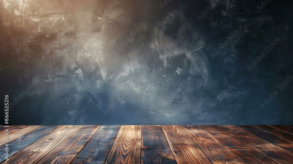 Aufkleber rustic wood table and textured wall background. image of a rustic wood table top against a textured 
