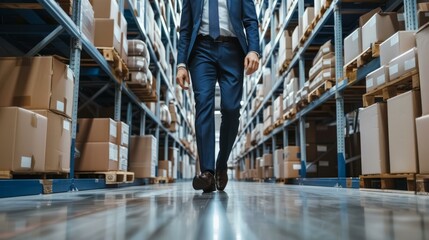 Obraz premium Warehouse manager walking in logistics center. Confident businessman in suit walking in warehouse aisle with rows of shelves full of cardboard boxes