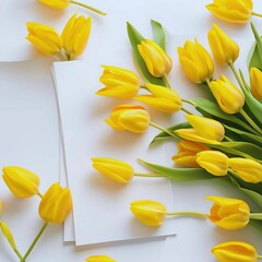 Yellow Tulips On A White Paper:AI-Generated 