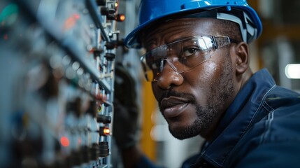 A black male electrician in his thirties wearing safety glasses and a blue hard hat is working on an electrical panel