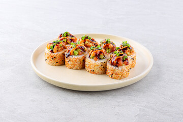 Japanese cuisine. Sushi roll on white background.