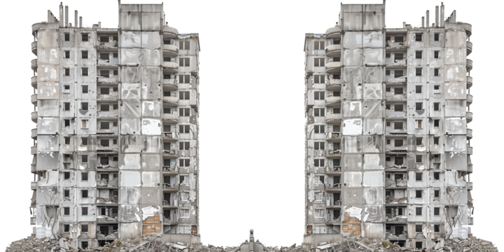 Ruined skyscrapers isolated on transparent or white background 