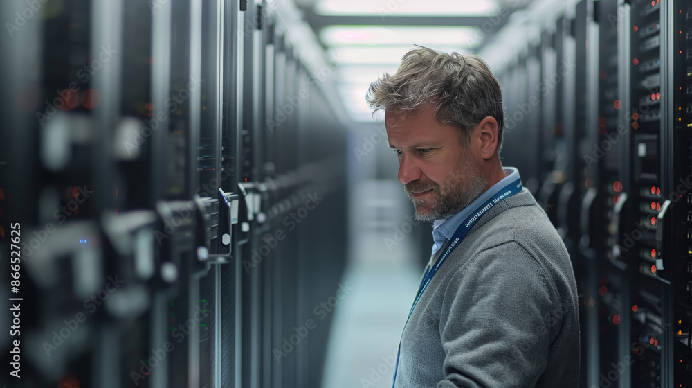 Poster a man is working on a laptop. he standing inside a large server room with rows of rack-length cabine