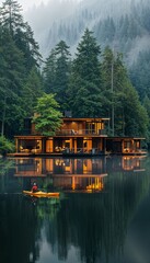 Fototapeta premium a house sitting on top of a lake next to a forest
