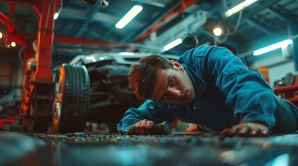 A mechanic with his head lying down and looking at one wheel while holding tools in hand