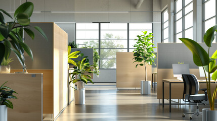 bright office containing plants and sound proof boards, green office