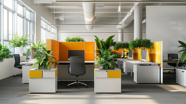 bright office containing plants and sound proof boards, green office