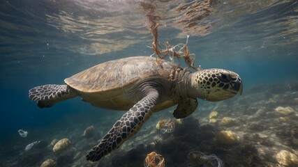 Obraz premium A sea turtle struggles to swim through the ocean. Surrounding the turtle, various pieces of plastic waste float in the water. Sea Polluted. Ai Generative.