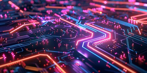 Futuristic circuit board illuminated with neon lights