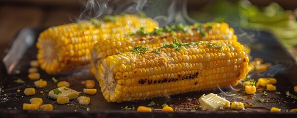 Delicious grilled corn on the cob with butter and herbs, perfect for a fresh summer meal or barbecue.