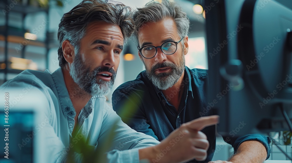 Poster a photo of two male colleagues in an office setting, one pointing at the other's computer screen wit