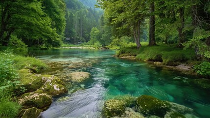 Obraz premium A lush green forest with a crystal-clear river flowing through it, surrounded by tall trees.
