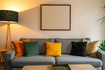 A living room with a grey sofa, black floor lamp, and yellow, green and orange pillows on the couch. A blank picture frame hangs above it.  It's a warm, inviting space with soft lighting.