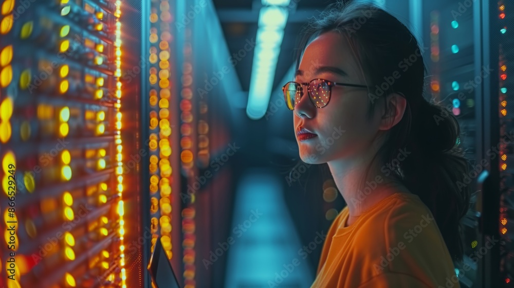 Poster female it engineer works on a laptop near a computer server rack at a data center or laboratory