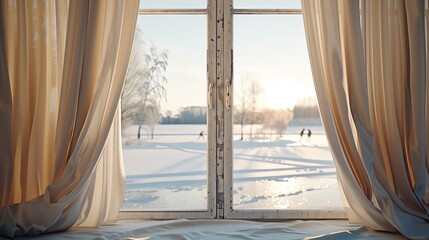 Window with curtains and a view of a frozen pond with ice skaters gliding