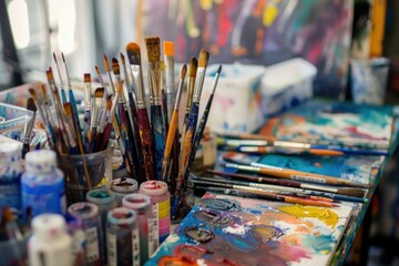 Fototapeta premium Vibrant image capturing an artist's paintbrushes, colors, and palette in a creative studio setting