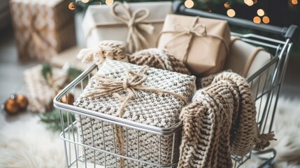 Obraz premium A shopping cart full of presents for Christmas