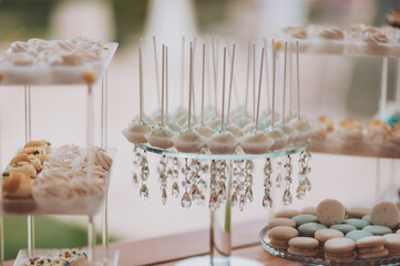 Wedding candy bar. Delicious creamy desserts with fruits, macarons, cakes and cookies on table at wedding reception in restaurant. Luxury catering service. Delicious wedding reception candy bar. 
