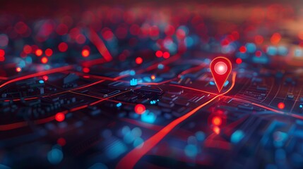 Abstract location pin on city map, red glowing lights in night background. Gps tracking technology concept with route point and big buildings at the end of road 