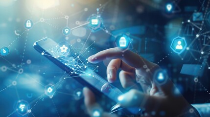 Close-up of a hand using a smartphone with glowing digital icons overlay, symbolizing technology and connectivity.