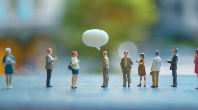 複数の人々の人形と吹き出し、複数人で話し合うイメージ
