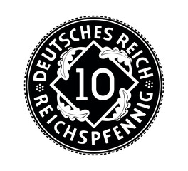 10 Reichspfennig, Deutsches Reich of Germany outlined in vector. The coin is depicted in black and white. Vector.