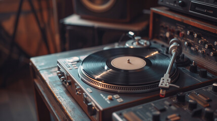 a vintage record player on a wooden table playing a black vinyl record.