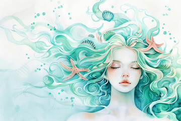 Watercolor young woman with sea ​​shells and starfish portrait art. Colorful creative watercolor illustration