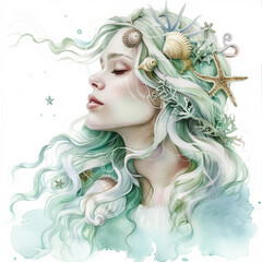 Fototapeta premium Watercolor young woman with sea ​​shells and starfish portrait art. Colorful creative watercolor illustration