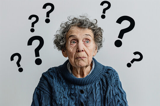 An elderly woman with question marks above her head, depicting confusion and uncertainty, symbolizing the struggles of dementia and memory loss.