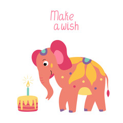 Greeting card with happy elephant and birthday cake. Hand drawn flat vector illustration and lettering Make a wish. 