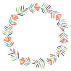 Round frame or wreath with fantasy tropical flowers. Summer floral design. Great for greeting card, posters, blog decorating. Hand drawn vector illustration isolated on white.