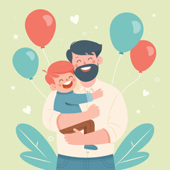 Vector illustration of Dad and son with Balloons Flyng