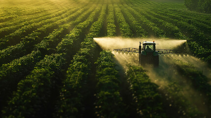 Fototapeta premium Tractor Spraying Pesticides on Soybean Fields