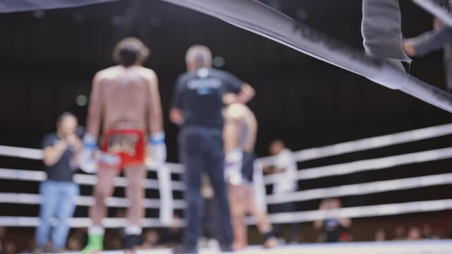 A boxing match is in progress with a referee and two fighters