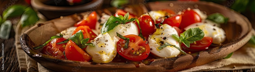 Wall mural Fresh Caprese salad with tomatoes, mozzarella, basil, and olive oil served on a rustic plate, perfect for a healthy Mediterranean meal.