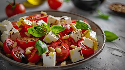 Colorful Mediterranean salad with fresh tomatoes, feta cheese, basil leaves, pine nuts, and herbs drizzled with a balsamic glaze.