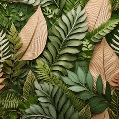 seamless square background pattern of manu plant leaves, green vegetation