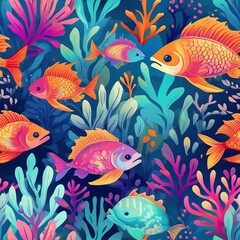 Fototapeta premium Seamless square pattern background of a seabed, with colorful and varied corals. Fish and kelp