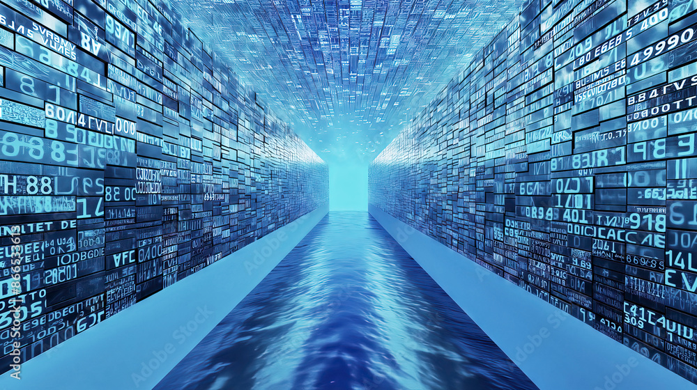 Aufkleber flowing blue data stream in digital corridor of data blocks, symbolizing big data concept