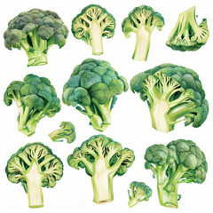 Collection of fresh green broccoli on a white background, top view. Banner design.