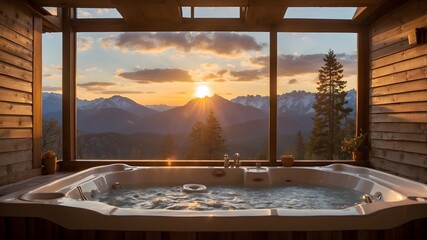 Jacuzzi tub with mountain view and sunset light. Ai Generative.