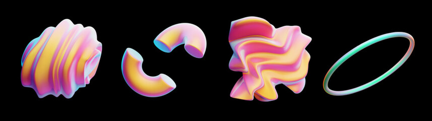 Abstract 3d hologram shapes, rainbow objects for design. A surreal set of liquid shapes.