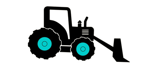 Wheeled tractor with blade icon. Black silhouette. Side view. Isolated object on white background