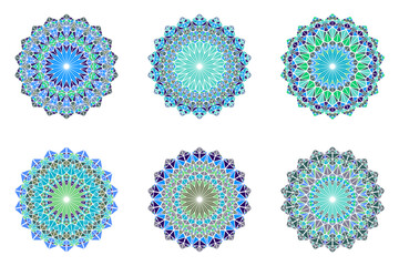 Geometrical ornate triangle mandala logo set - abstract polygonal round vector graphic designs from mosaic triangles