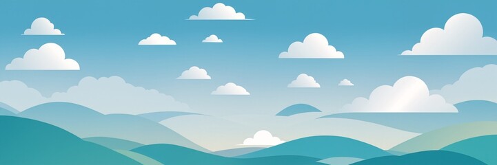 Serene Landscape with Rolling Hills and Fluffy Clouds Illustration, banner, background